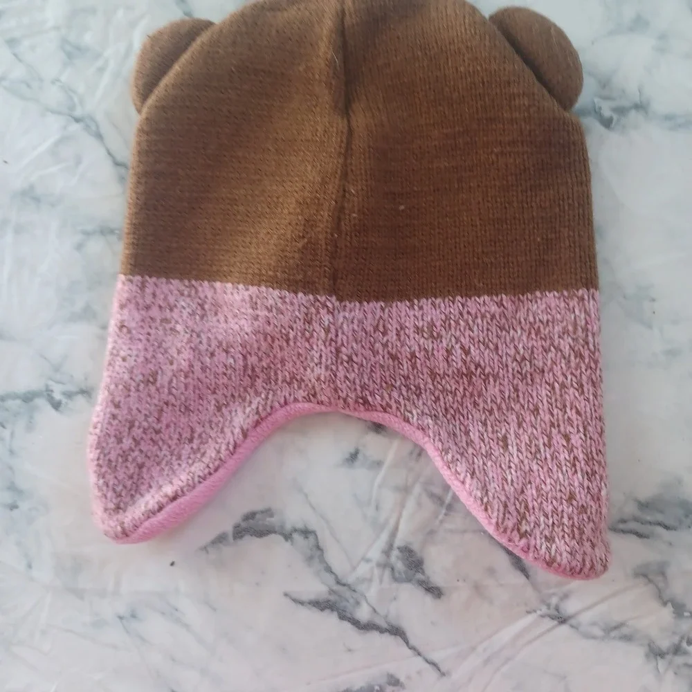 Healthtex Toddler Knit Fleece Hat 2T–5T | Brown Pink Monkey Face Ear Flap Beanie